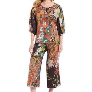 bryn Walker Black Floral Paisley Print Top with Yellow & Green Accents